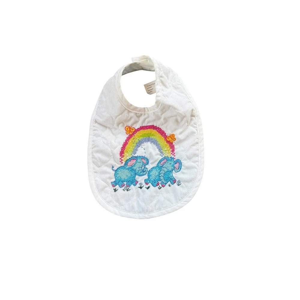 Vintage hand stitched crochet Quilted Elephant Rainbow Bib Kids OS White